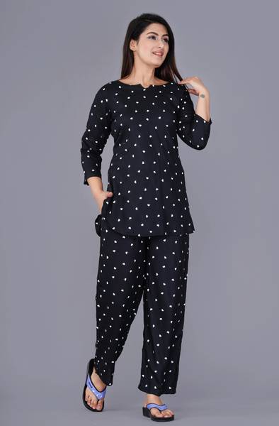 MintMarie Women Printed Black Night Suit Set