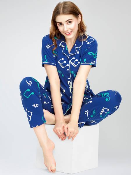 ZEYO Women Graphic Print Blue Shirt & Pyjama set