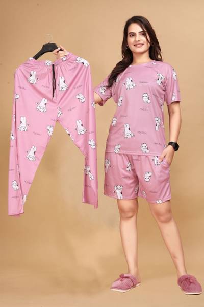 FASHIONGRAB Women Printed Pink Night Suit Set