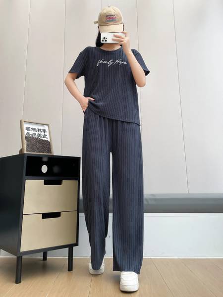 Lugo Women Striped Grey Night Suit Set
