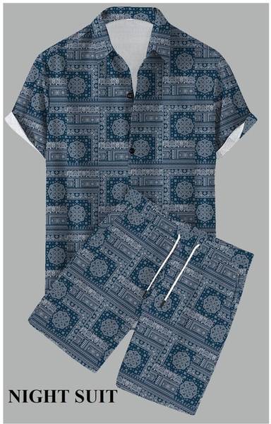 CHEAPSHIRTS Men Printed Grey, Blue Top & Shorts Set