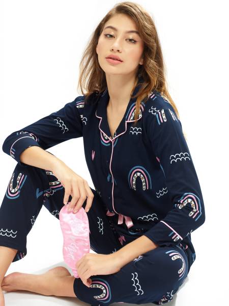 LOTIK Women Printed Blue Shirt & Pyjama set