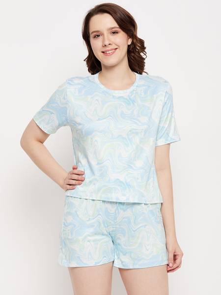 MADAME M SECRET Women Printed Blue Night Suit Set