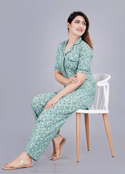 MintMarie Women Printed Light Green Night Suit Set