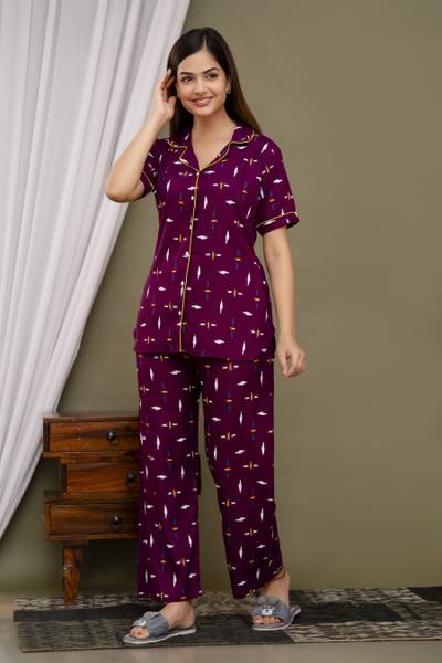 TRINABH Women Printed Purple Night Suit Set