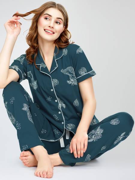 ZEYO Women Floral Print Dark Green Shirt & Pyjama set