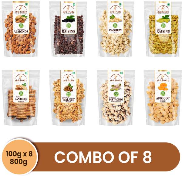 driifruitz 100% Natural Combo of (Kaju Badam Kismis Pista Akhrot Anjeer Khumani 100 g Each) Almonds, Cashews, Pistachios, Figs, Walnuts, Raisins, Apri...