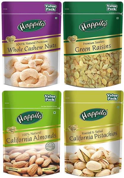 Happilo Premium Super Value Combo Almonds, Pistachios, Cashews, Raisins Pouch, 2000 g, Assorted Nuts