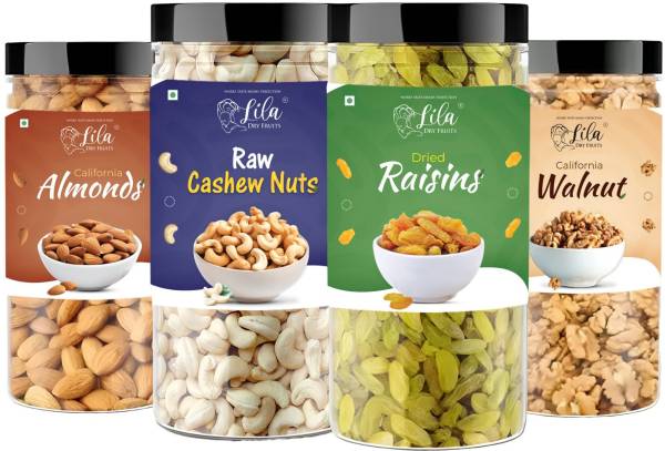 lila dry fruits Dry fruits combo pack of Cashews Almond Walnut Green Raisin (150 G x4) Cashews, Almonds, Walnuts, Raisins