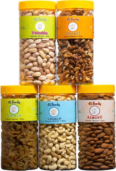 41 foods Dry fruits combo pack of Healthy 5 Badam Kaju Kishmish Akhrot pista 1 kg Almonds, Pistachios, Cashews, Raisins, Walnuts