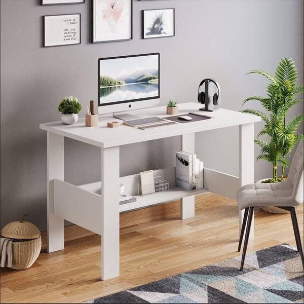 ASCOM Modern Frosty White Workstation Desk | Single-Tier Study Table For Home & Office Engineered Wood Office Table