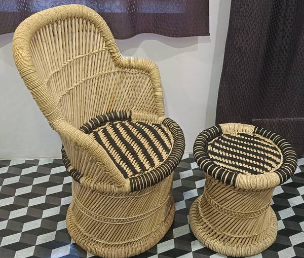 LV Handmade Natural and Handmade Bamboo Mudda 1-Stool 1-Chair Set Outdoor & Cafeteria Stool