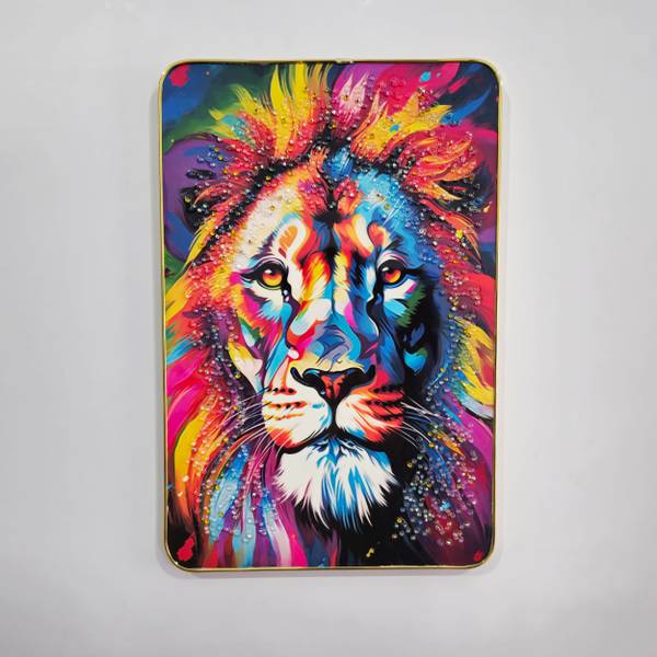 Masstone Lion Animal Face Crystal Embedded High Gloss Surface with Golden Slim Frame Embossed 18 inch x 12 inch Painting