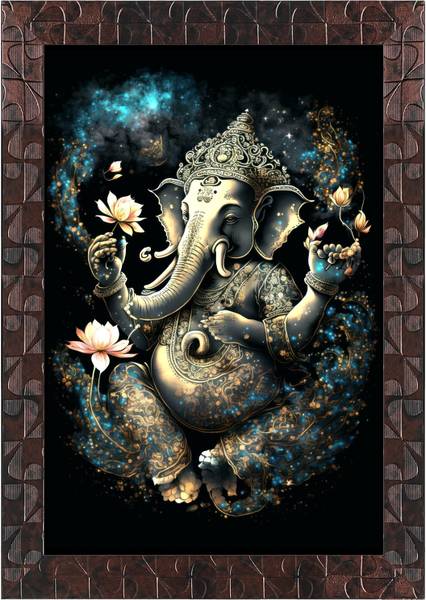 Indianara Lord Ganesha Without Glass Framed Art Print for Room Decor Digital Reprint 13 inch x 10 inch Painting