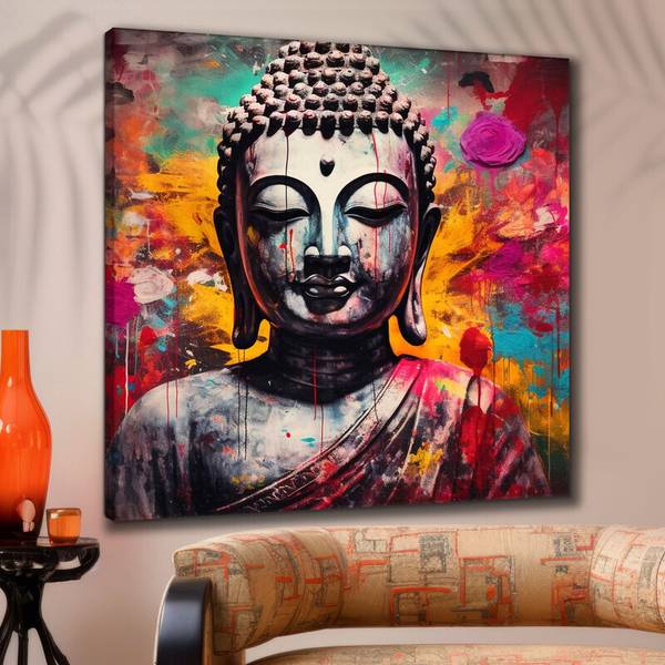 saf Wooden Framed Lord Buddha Canvas Wall Painting for Home Dcor and Office Digital Reprint 16 inch x 16 inch Painting