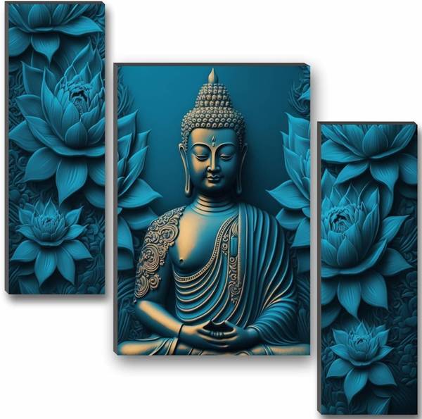 SNDArt Set of 3 Buddha UV textured modern art Religious theme Wall Painting Digital Reprint 12 inch x 18 inch Painting