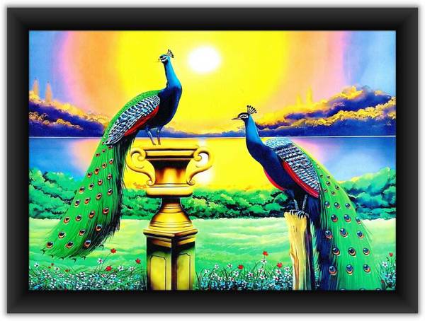 Poylaamo Hand Painted Scenery of Peacock Couple Wall Painting Digital Reprint 18 inch x 12 inch Painting