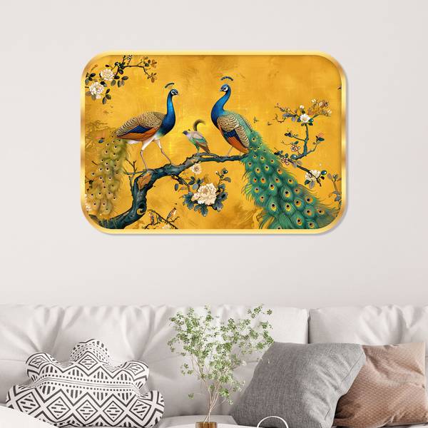 saf Peacock theme Crystal Embedded High Gloss Surface with Golden Frame Digital Reprint 18 inch x 12 inch Painting