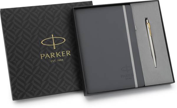PARKER Gift Set | Note Book with Jotter Stainless Steel Gold Trim | Ball Pen
