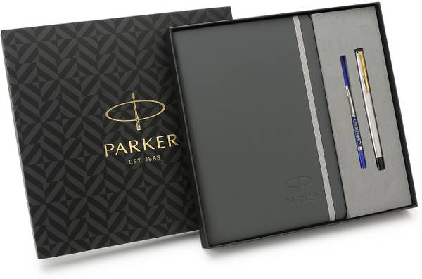 PARKER Gift Set | Blue Notebook with Vector Stainless steel Gold Trim | Roller Ball Pen