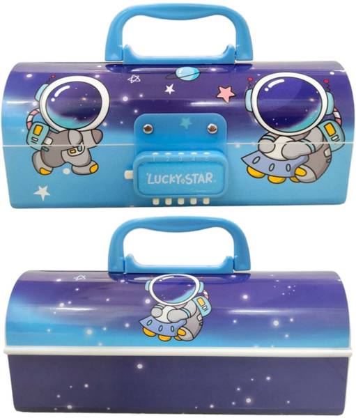 PEACORA Password pencil box- Lucky day Astronaut Space Double Layer Stationery BOX Organizer Art Plastic Pencil Box