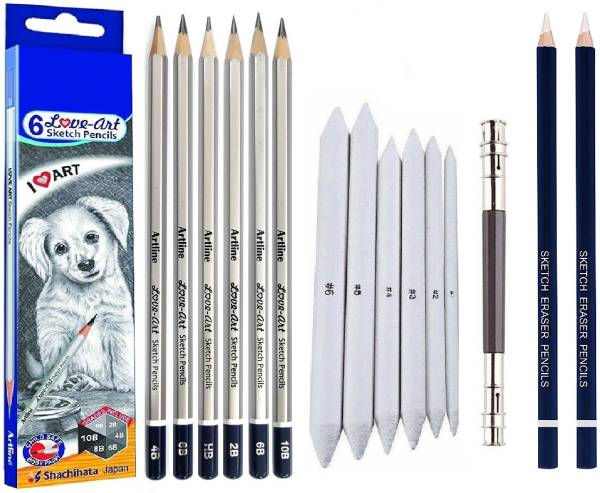 Definite Artline 6pc Sketch/Drawing Pencils, Blending Stumps, Pencil Extender, 2pc Eraser Pencil