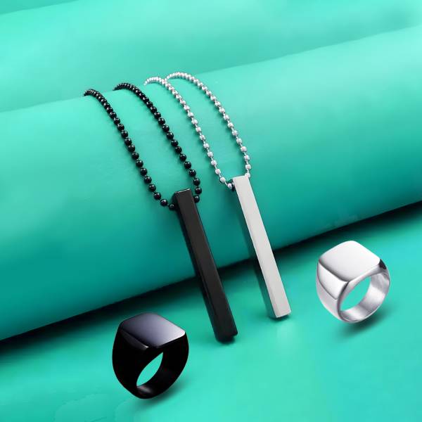 Saizen Stylish Silver- Black 3D Vertical Bar pendant Locket with finger ring set Black Silver Stainless Steel Pendant Set