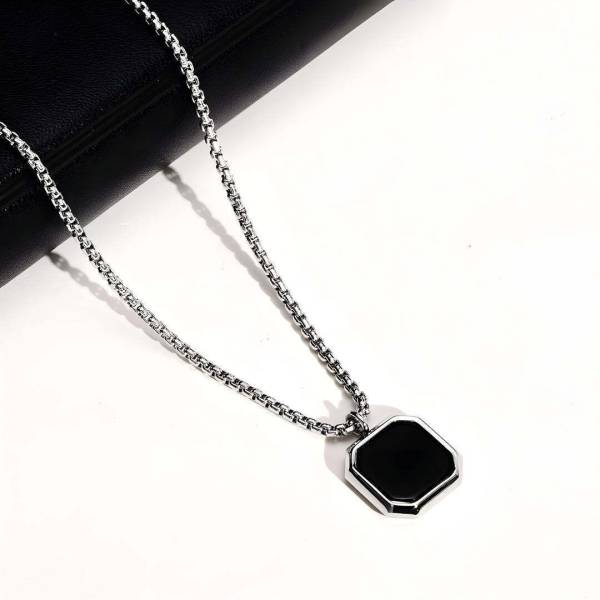 vs unique collections Funky Geometric Black Square Natural Stone Pendant Locket With Silver Box Chain Silver Stainless Steel Pendant Set