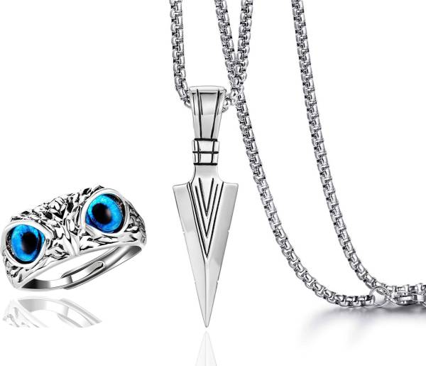 Syfer Silver Arrow Pendant & Owl Ring for Men and Boys Stylish Biker/Party Wear Silver Stainless Steel Pendant