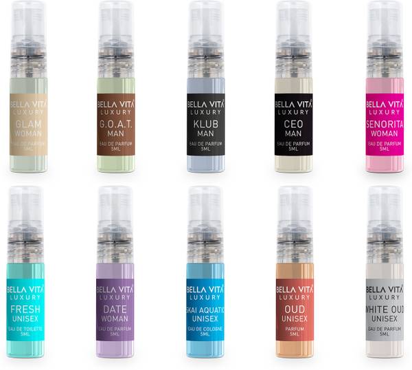 Bella vita organic Unisex Fragrance Gift Set | 10x5ml | Pocket Friendly | Long Lasting Fragrance Eau de Parfum  -  50 ml
