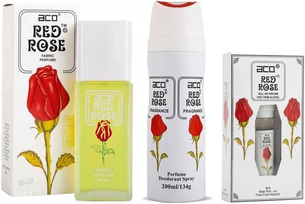 aco Red Rose combo Set Of 3 with 200ml Deo 100ml Perfume & 8ml Attar For Men & Women Perfume - 308 ml