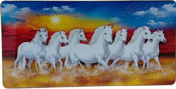 WholeSaleWorld 5D Seven White Horses Vastu Scenery with Golden PVC Frame  24 x 48 Inches 48 inch Wall Painting / Wall Scenery