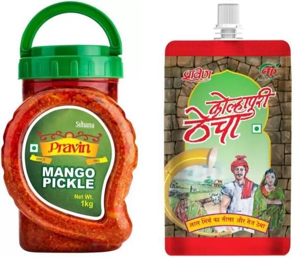 SUHANA Combo Fresh Mango Pickle / Aachar 1kg Jar and Kolhapuri Thecha 100g Pouch Mango Pickle