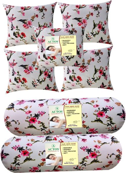 ACTOS Combo Set Of 5 Cushion And 2 Microfibre Floral Bolster Pack of 7