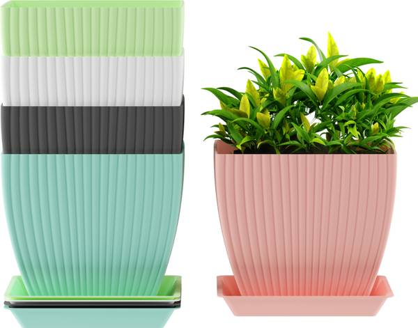 FORWAY 7 inch Square Flower Pots Outdoor Indoor, Planters with Drainage Hole and Tray Plant Container Set