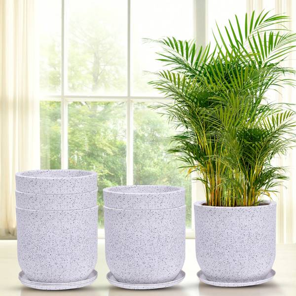 KUBER INDUSTRIES Marble Jaguar Flower Pot for Home & Garden with Tray|10 Inch|Pack of 6|White Plant Container Set