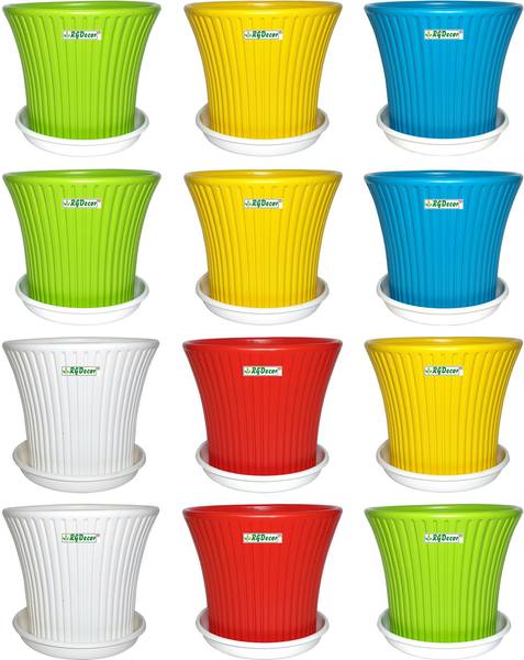 RGDECOR 12 Sunrise Flower Pots with Pot Plate | 9.25 Inches | Planters | Plastic Gamla | Plant Container Set