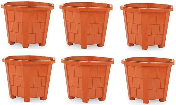Plastichouse Flower Pot 18cm Height Hexagonal Garden Plastic Plant Container Brown(Pack of 6) Plant Container Set