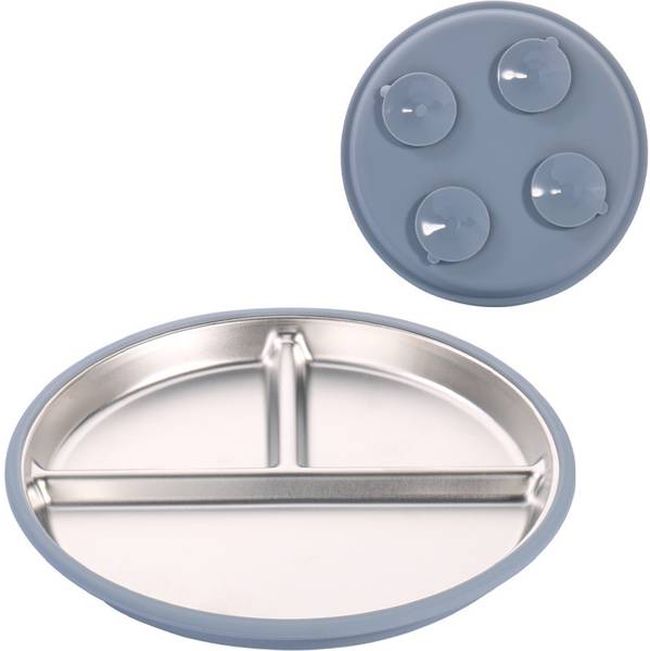 ELEPHANTBOAT Kids Suction Plate Round 9 Inch 3 Compartment Stainless Steel Tray for Toddlers Sectioned Plate