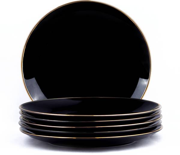 Shay Ceramic Dinner Plates Set of 6 Black Gold Line | Glossy Finish Dinner Plate