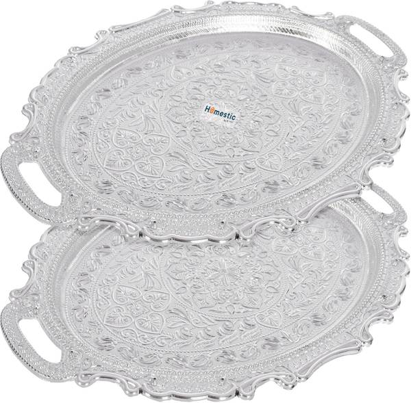 HOMESTIC Serving Tray for Kitchen with Handles|Serving Platter|Pack of 2|Silver Tray