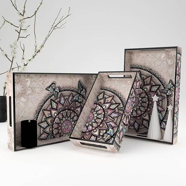 Castleite Elisa Isadora Mandala Decorative Set for Serving & Kitchen Use, Wooden Tray