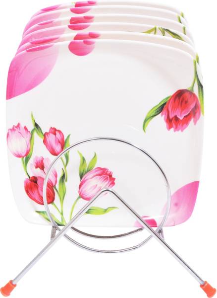 DRIZLING Melamine Plates 7" Pink Floral Printed Snacks /Lunch/Party Plates, Set of 6 Half Plate