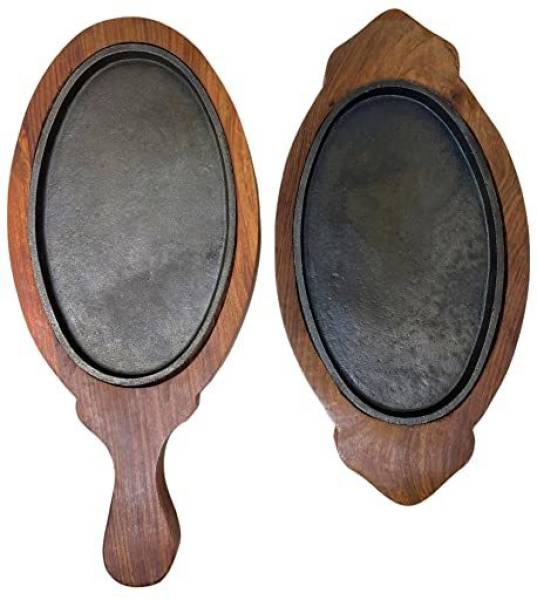 CRAFTSEXPORT Cast Iron Oval Sizzler Plate with Wooden Stand, Brown, Combo of 2 Sizzler Tray