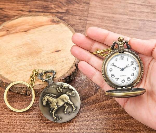 Jainjon Antique Vintage Horse Theme Pocket Watch keychain Horse pocket watch Metal Metal Pocket Watch Chain
