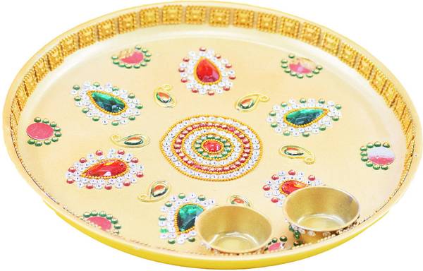 Puja N Pujari Kundan Work Colorful Pooja Aarti Thali for Home, Pooja Room and Diwali Pooja Thali Set and Groom-Bride Welcome Thali Steel