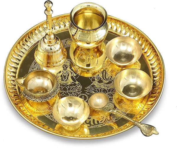 BENGALEN Brass Pooja Thali Set 8 Inch with Pital Plate Home Office Return Gift Items Brass