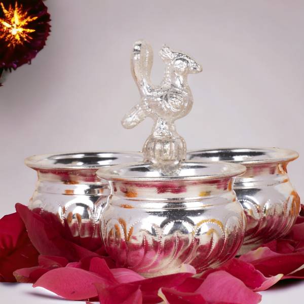 Sigaram German 4X3 Inch 3Cup Panchwala Kum Kum Bharani For Home Pooja Decor K2569 Silver Plated