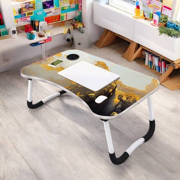 Flipkart Perfect Homes Studio Foldable Laptop Table with Cup Holder | Mac Holder | Study Table Rounded Edges Wood Portable Laptop Table
