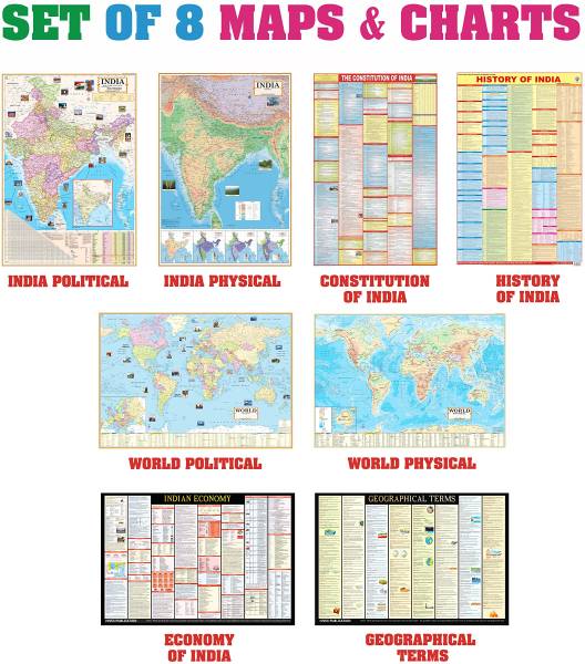 India & World Map ( Both Political & Physical ) with Constitution of India , Indian History , Indian Economy & Geographical Terms Chart | Set Of 8 | U...